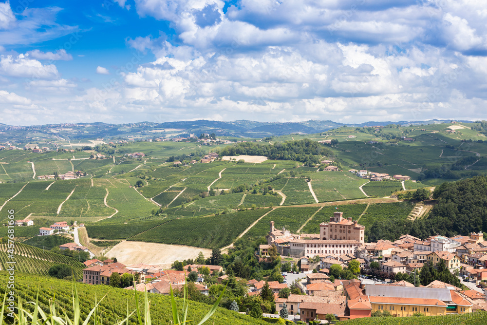 Fototapeta premium Panoramic countryside in Piedmont region, Italy. Scenic vineyard hill with the famous Barolo Castle.