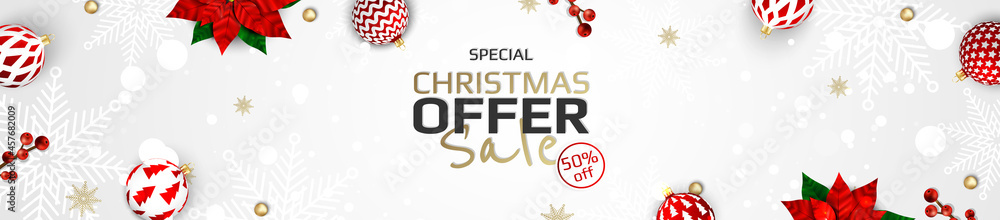 Fototapeta premium Merry Christmas and Happy New Year. Xmas background with Snowflakes and balls design.