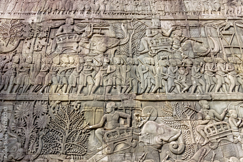 detail stone carving on wall of Khmer temple in Angkor Wat, Cambodia 