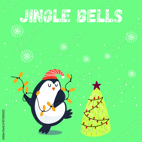 Christmas card with a penguin dancing with a garland  lettering Jingle bells