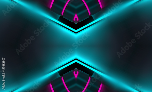 Fototapeta Naklejka Na Ścianę i Meble -  Dark blank background with neon shapes in ultraviolet color. Empty frame for your text. 3d illustration