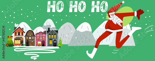Christmas banner Santa is in a hurry to give gifts, runs towards the residential snow-covered houses through the snowdrifts and mountains.
