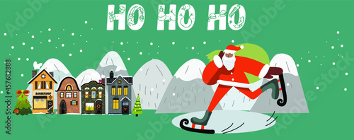 Christmas banner Santa is in a hurry to give gifts, skates towards the snow-covered houses through snowdrifts and mountains.