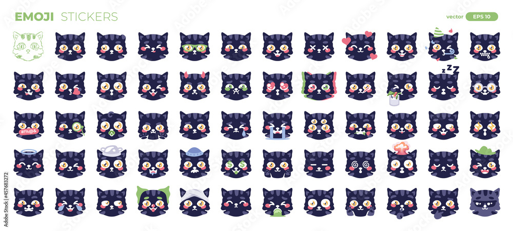 Emoji cats set isolated. Emoticons smiles. Faces with different funny emotions. Simple modern design icons. Chat elements. UI, UX for mobile app, social media or web. Flat style vector illustration. Emoji cats set isolated. Emoticons smiles. Faces with different funny emotions. Simple modern design icons. Chat elements. UI, UX for mobile app, social media or web. Flat style vector illustration.
