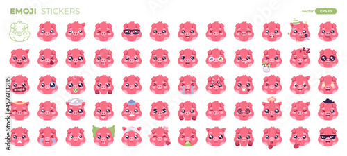 Emoji pigs set isolated. Emoticons smiles. Faces with different funny emotions. Simple modern design icons. Chat elements. UI, UX for mobile app, social media or web. Flat style vector illustration.