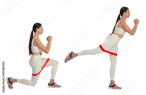 Woman doing sportive exercises with fitness elastic band on white background  collage