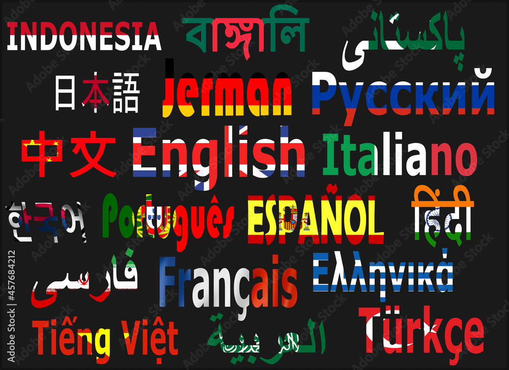 Diversos y distintos idiomas del mundo con banderas nacionales
