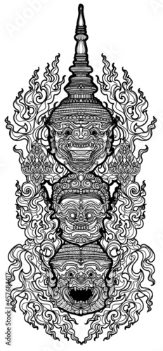 Tattoo art thai monkey giant pattern literature hand drawing and sketch black and white