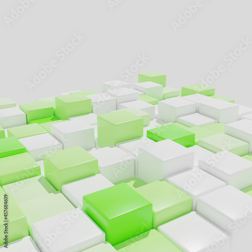 3D rendering. A background of identical cubes with rounded edges in different shades of green and white. Angle view.