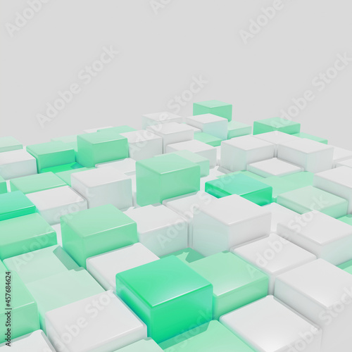 3D rendering. A background of identical cubes with rounded edges in different shades of mint and white. Angle view.