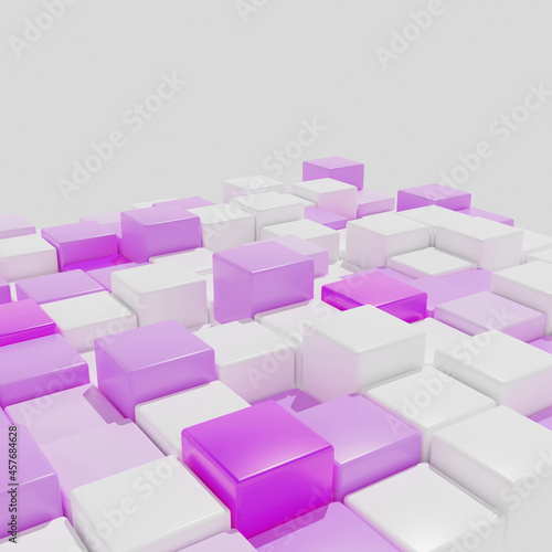 3D rendering. A background of identical cubes with rounded edges in different shades of pink and white. Angle view.