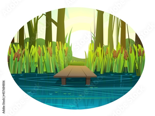 River bank for recreation and fishing. Cute summer rural landscape with water. Current and waves. Reflection. Pier in the forest. Summer composition. Illustration vector