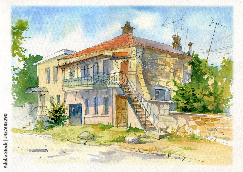 City landscape. Old streets of the southern seaside town. Sevastopol, Crimea. Travel, tourism, nostalgia. Watercolor. Drawing by hand.