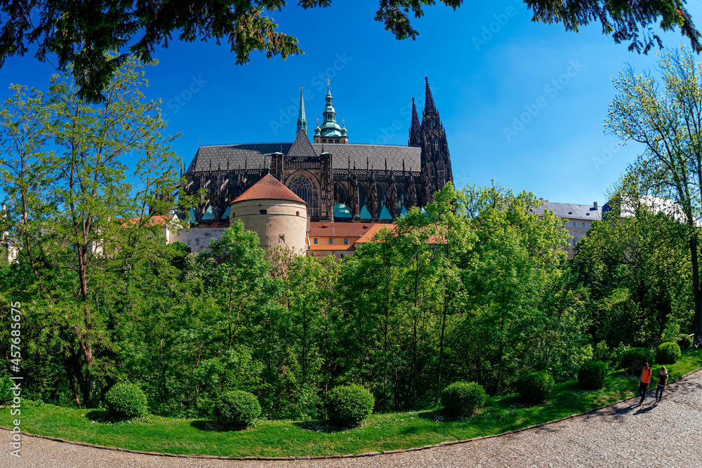 View of Saint Vitus cathedral and Prague castle from the Royal Garden