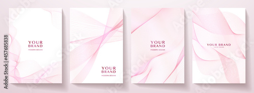 Contemporary technology cover design set. White background with pink line pattern (guilloche curves). Premium vector tech backdrop for formal  business layout, digital certificate, brochure template