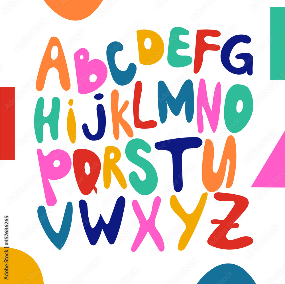 colored alphabet on white background with geometric elements. hand-drawn