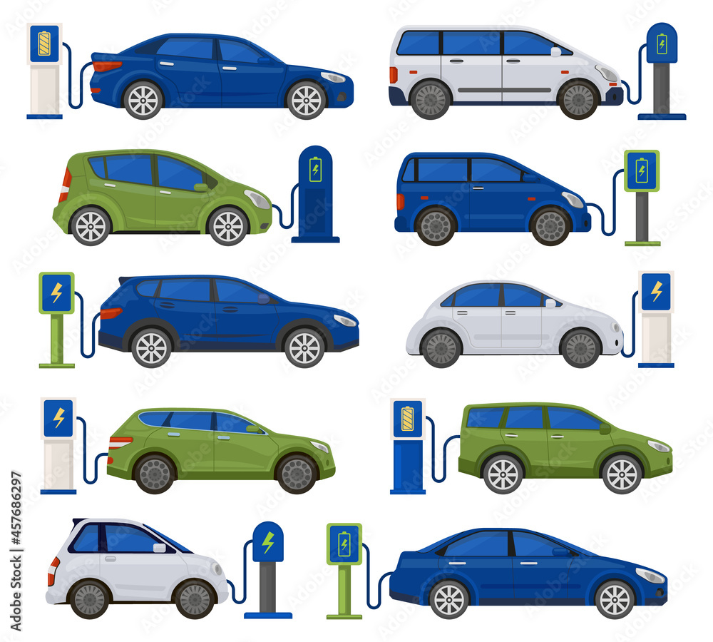 Electric cars, ecology, sustainability vehicle charging. Environmentally friendly automobiles at charging stations vector illustration set. Electro renewable energy transport