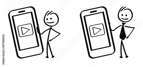 Phone with audio video logo. Stickman figure and play button icon. Vector cartoon stick figures. Playing movie pictogram on mobile phone. Loading or streaming music. Live stream video media player.