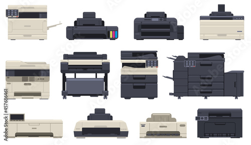 Office professional equipment printer scanner copier machines. Technology office devices, inkjet printer, copier vector illustration set. Digital printing machine photo