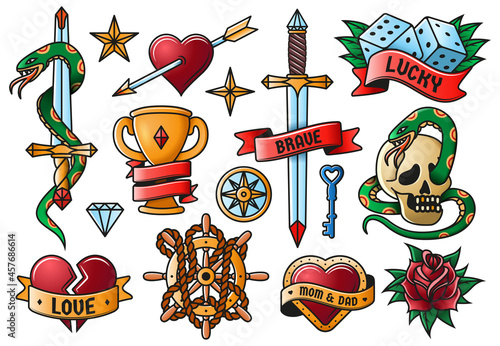 Retro tattooing rose, knife, heart, skull old school symbols. Vintage tattoo engraving elements isolated vector illustration set. Old school art tattoos