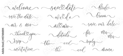 Collection: calligraphic wedding invitation design elements and page decorations. Set with vintage inscriptions with smooth line