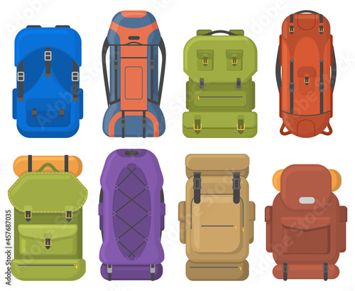 Camping tourist hiking outdoor adventure travel backpacks. Tourist hiking trekking backpacks with sleeping bags vector illustration set. Outdoor tourist equipment bags