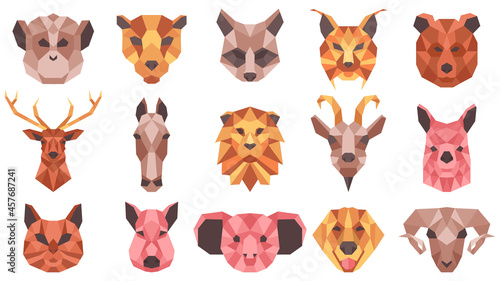 Polygonal geometric animals low poly portraits. Wild and domestic animals faces, cat, horse, racoon, goat vector illustration set. Geometric animal heads