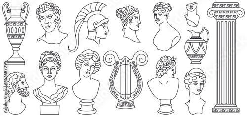 Antique ancient greece heads, sculptures, architectural elements. Greek marble statues, vases, goddess bust vector illustration set. Mythical antique greek sculptures