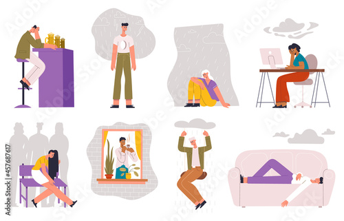 Sad, feel lonely, depressed socially excluded people. Loneliness, stress, depression feeling sad male female characters vector illustration set. People feel lonely