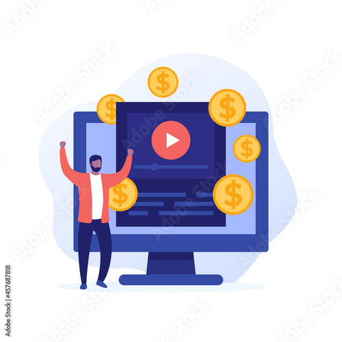Video monetization, earn money and getting paid for the videos, vector illustration