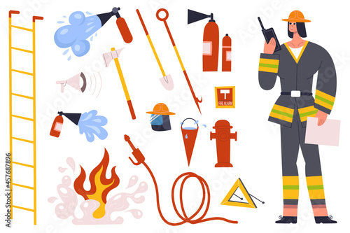 Firefighter, fireman character with fire fighting equipment tools. Fireman in uniform with fire hose hydrant, fire extinguisher vector illustration set. Fireman character