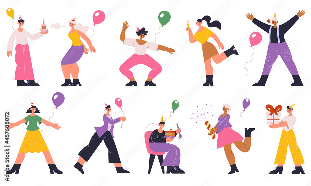 People birthday party holiday celebrating, dancing, having fun. Festive characters with gifts, balloons, champagne, cake vector illustration set. Birthday party celebration