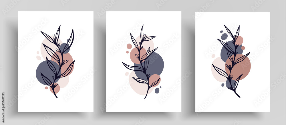 Abstract template layout with botanical elements and round shapes. Vector covers set with outline plants and pastel circles that designed for wall decoration, postcard or poster, cover design.