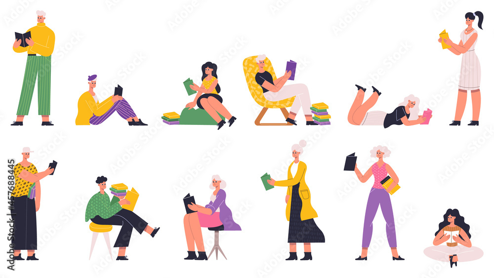 Male and female book lovers reading paper books. Students learning, characters reading literature vector illustration set. People reading books
