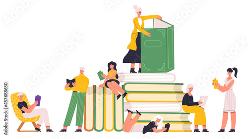 Reading book lover characters read paper books. People reading literature with huge book pile, reading hobby and education vector Illustration set. Reading characters concept