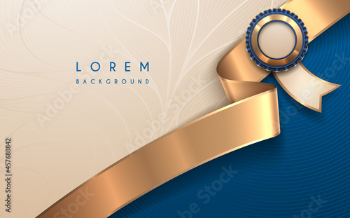Blue and white background template with golden ribbon