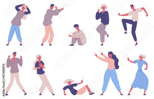Frightened afraid people  panic attack  scared emotion characters. Terrified  afraid male and female characters vector illustration set. Emotional horrified person