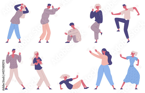 Frightened afraid people, panic attack, scared emotion characters. Terrified, afraid male and female characters vector illustration set. Emotional horrified person