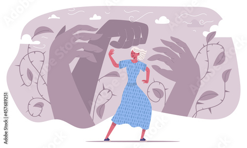 Panic attack, afraid scared frightened emotional person. Stressed unhappy woman suffering from psychological problems vector illustration