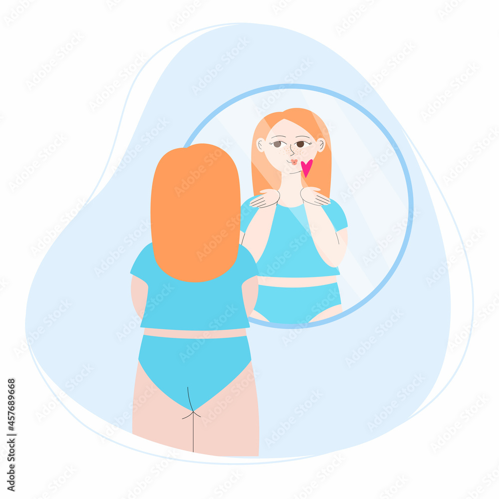 The girl looks in the mirror and blows herself a kiss. Character woman watch mirror and admires. Self-confidence.