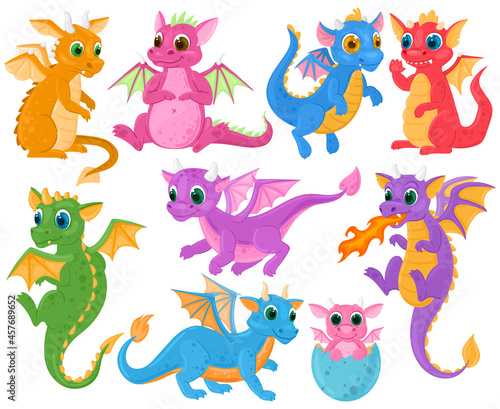 Cartoon cute baby fairytale fantasy dragons characters. Medieval creatures dragon kids  fairytale legends cute dino babies vector illustration set. Little cartoon dragons