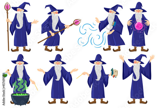 Cartoon fairy tale medieval wizard, magician character. Old magician, warlock, witchcraft male fairy tale hero vector illustration set. Mystery wizard practicing spells