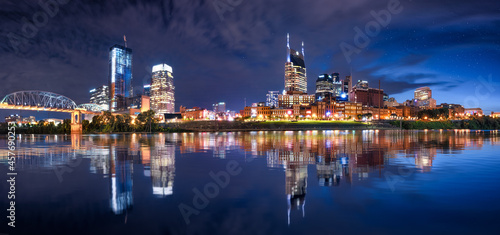 Nashville Skyline by river front during blue hour
