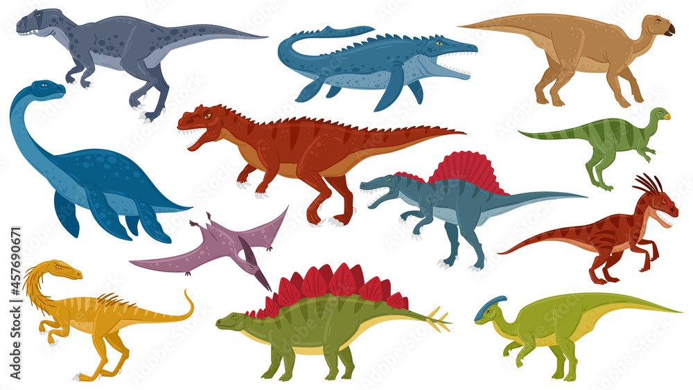 Cartoon dinosaurs, jurassic extinct dino raptors, predators and herbivores. Jurassic dinosaurs reptile, tyrannosaurus, stegosaurus, pterodactyl vector illustration set Cartoon dinosaurs, jurassic extinct dino raptors, predators and herbivores. Jurassic dinosaurs reptile, tyrannosaurus, stegosaurus, pterodactyl vector illustration set