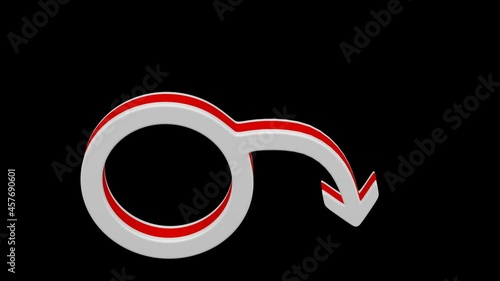 Concept - erectile dysfunction: white gender sign with red strip - spear and shield of Mars bend on black background. Loopable. Luma matte. 3D rendering. photo