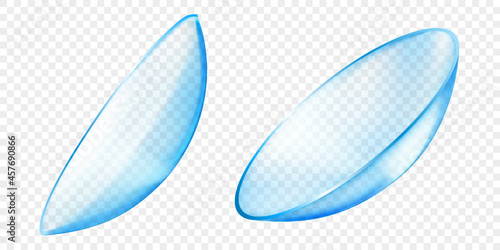Realistic translucent contact lenses in light blue color, isolated on transparent background