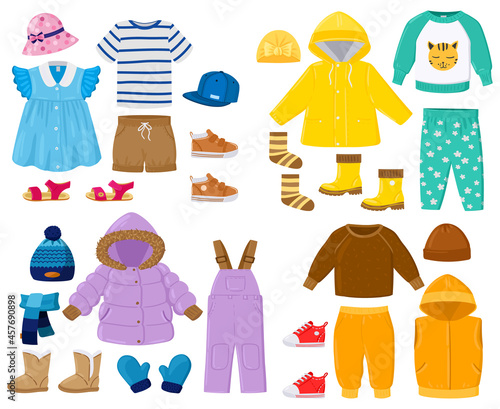 Cartoon kids seasonal winter, spring, summer, fall clothes. Puffer jacket, pants, shirt, sandals childrens outfits vector illustration set. Baby seasonal clothes elements