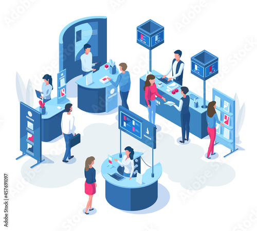 Isometric exhibition demonstration promo stands and trade stalls. Expo demonstration stand with workers and visitors vector illustration. Promo stands composition