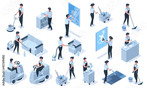 Isometric cleaning service professional workers characters. Cleaning service vacuum, clean furniture, wash windows vector illustration set. Professional cleaning employees