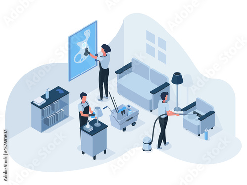 Isometric professional house cleaning service team at work. Cleaning service employees clean, wash and vacuum living room vector illustration. Professional cleaners team
